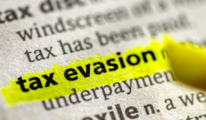 Close up photo of the words tax evasion in a dictionary.