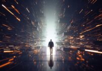 A silhouette of a man travels through a digital discovery of information.