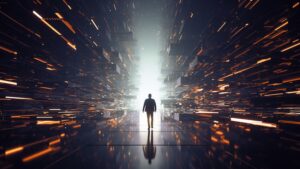 A silhouette of a man travels through a digital discovery of information.