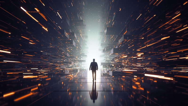 A silhouette of a man travels through a digital discovery of information.